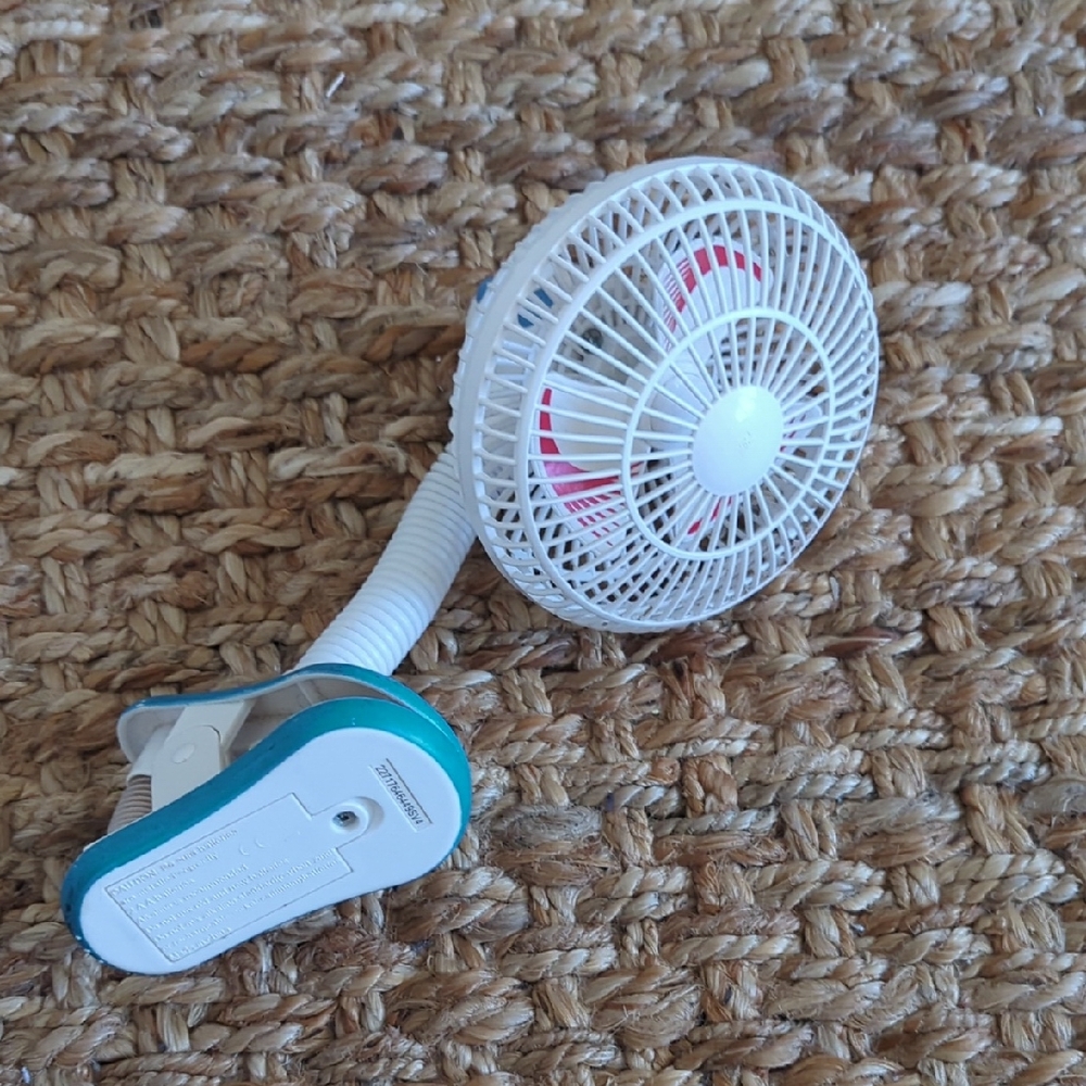 White and Teal Clip-On Stroller Fan